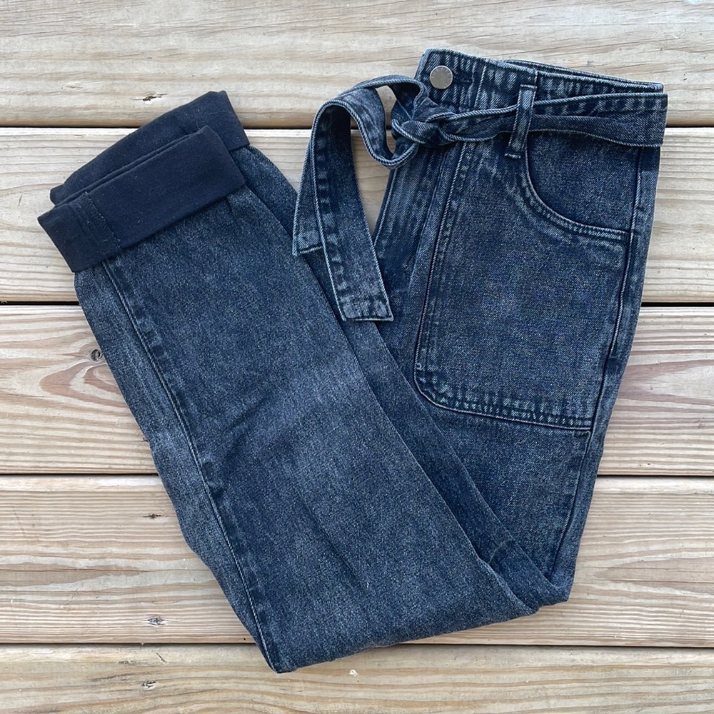 Off-Black High-Rise Belted Ankle Mom Jeans